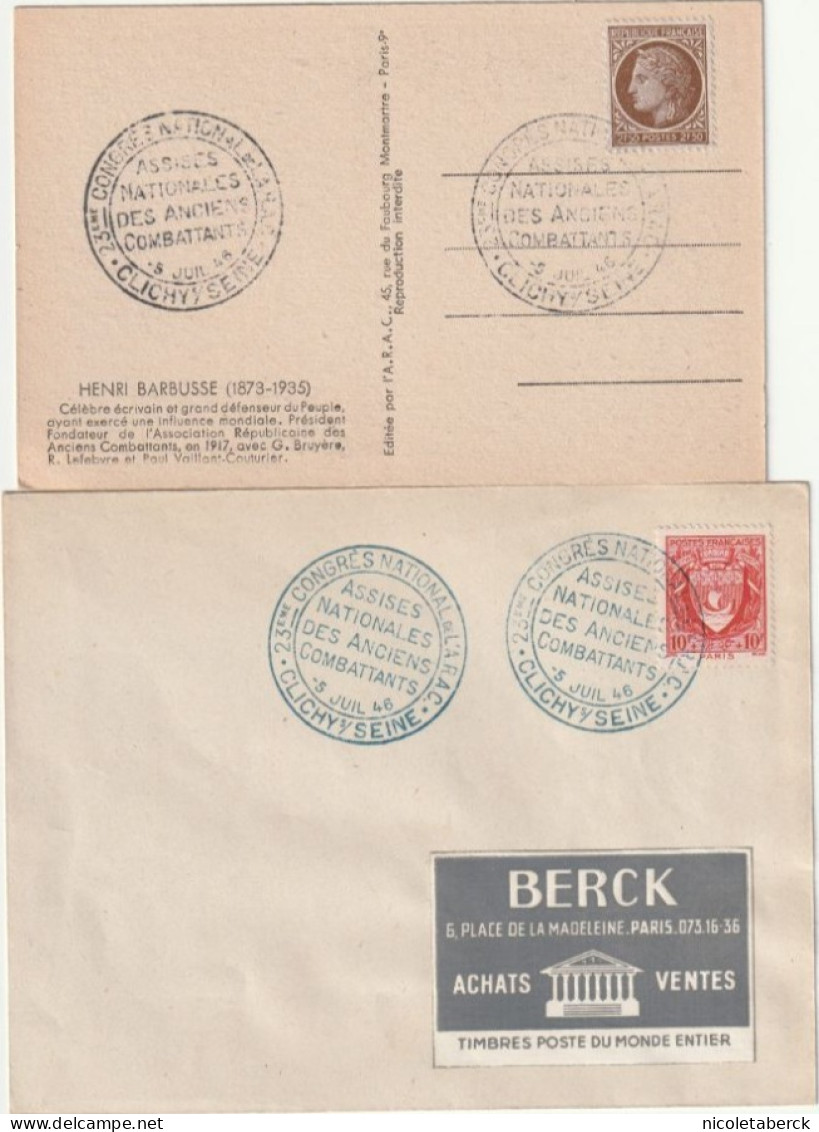 1 Carte Et Une Lettre Obl: De L'A.R.A.C à Clichy 5/7/46. Collection BERCK. - Lettres & Documents