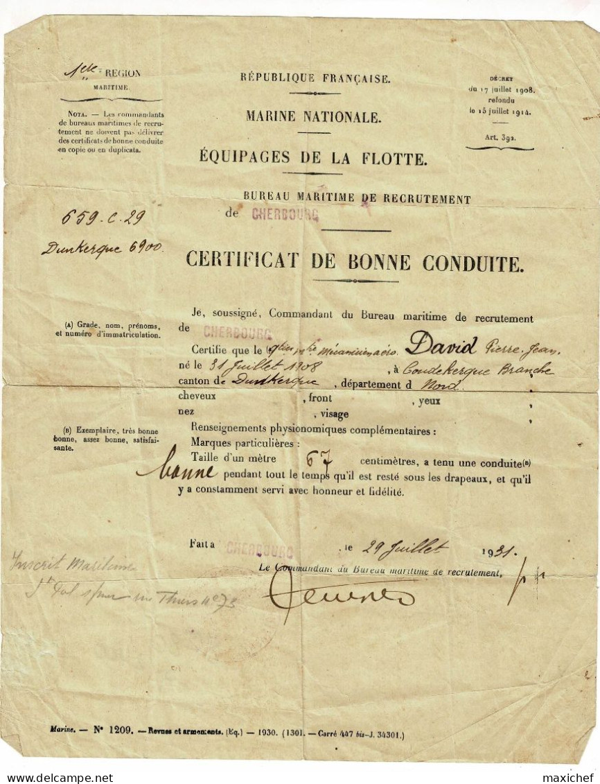 Marine Nationale - Equipages La Flotte - Bureau Maritime Recrutement Cherbourg - Certificat Bonne Conduite, 1931 - Autres & Non Classés