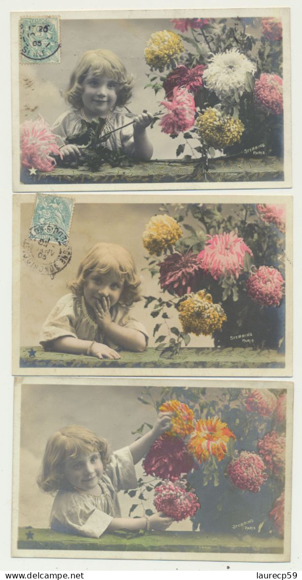 Lot De 4 Cartes Enfants  - Fillette Aux Chrysanthèmes -  Portrait - Photographe STEBBING - Portraits