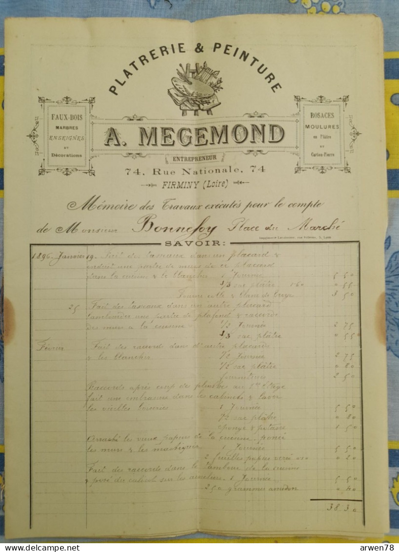 FACTURE PLATERIE PEINTURE A . MEGEMOND FIRMINY 1896 - Old Professions