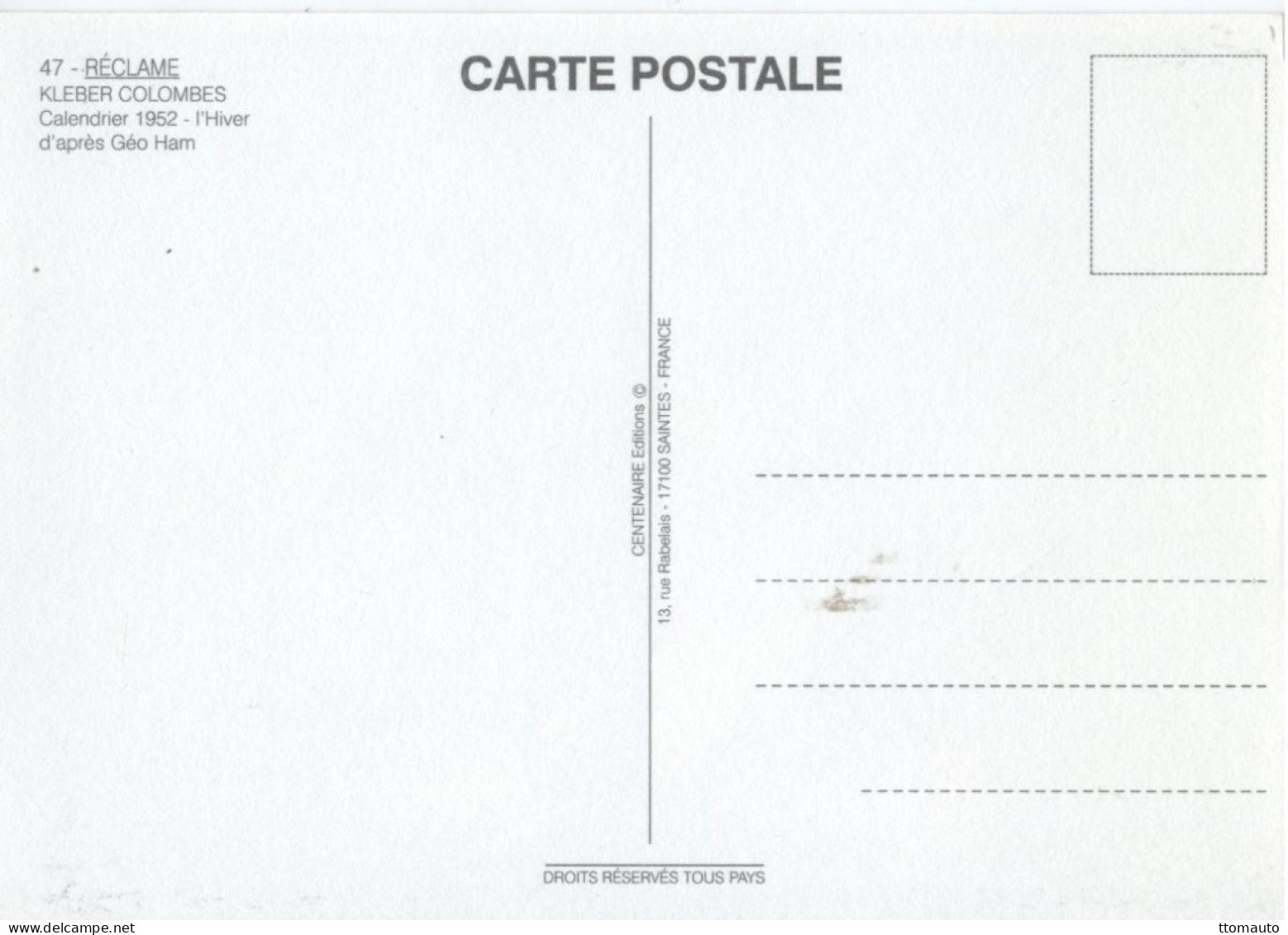 Kleber-Colombes - Repro Affiche Pour Pneumatiques Et Caoutchouc Manufacture 1952 - Artiste: Géo Ham  - Carte Postale - Voitures De Tourisme