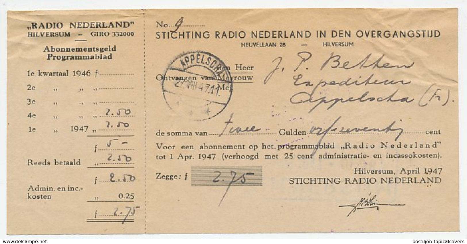 Appelscha 1947 - Kwitantie Stichting Radio Nederland  - Sin Clasificación