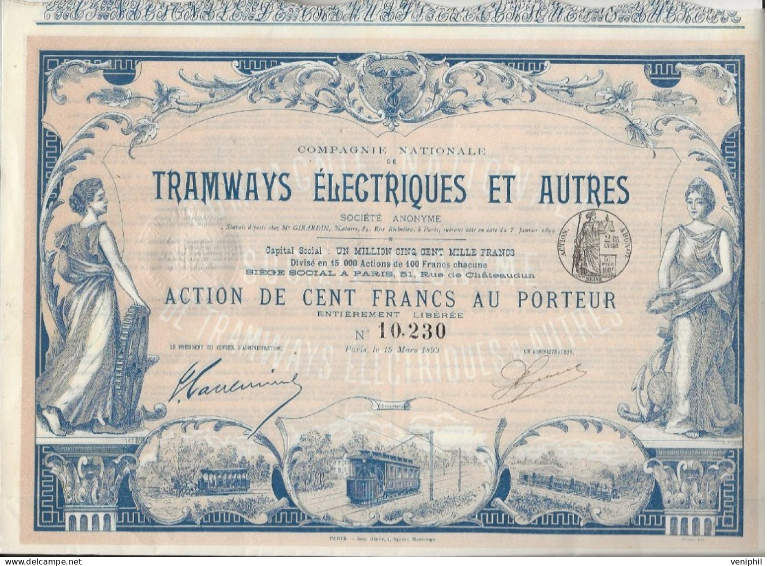 LOT DE 2 ACTIONS ILLUSTREES -- COMPAGNIE DES TRAMWAYS ELECTRIQUES ET AUTRES . ANNEE 1899 - Ferrocarril & Tranvías