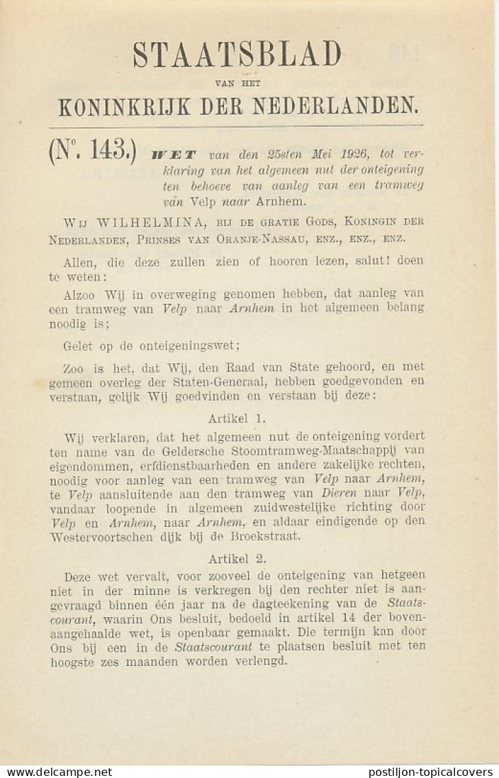 Staatsblad 1926 : Spoorlijn Velp - Arnhem - Documents Historiques