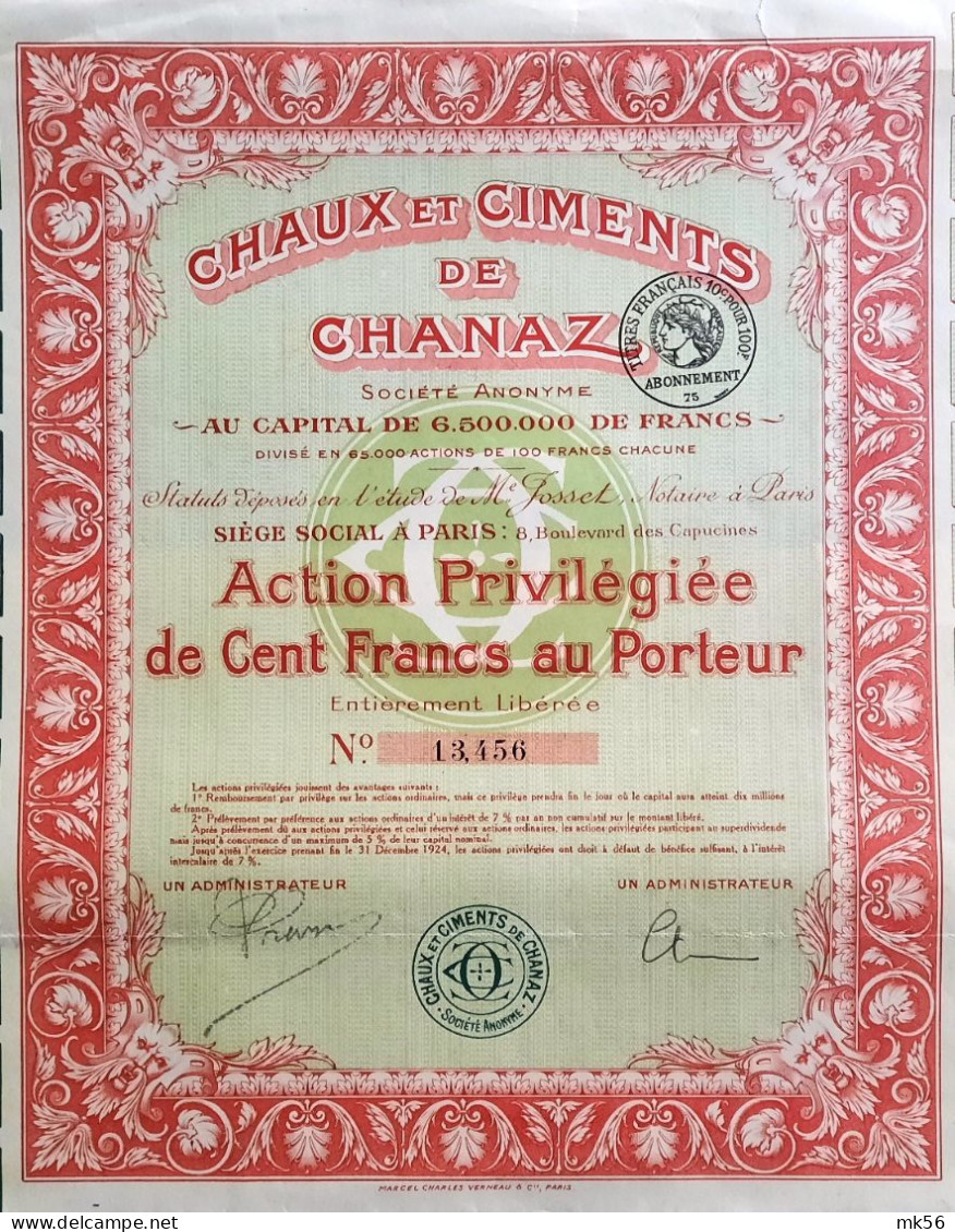 Chaux Et Ciments De Chanaz - Action Privilégiée De 100 Francs - Paris - 1924 - Bahnwesen & Tramways