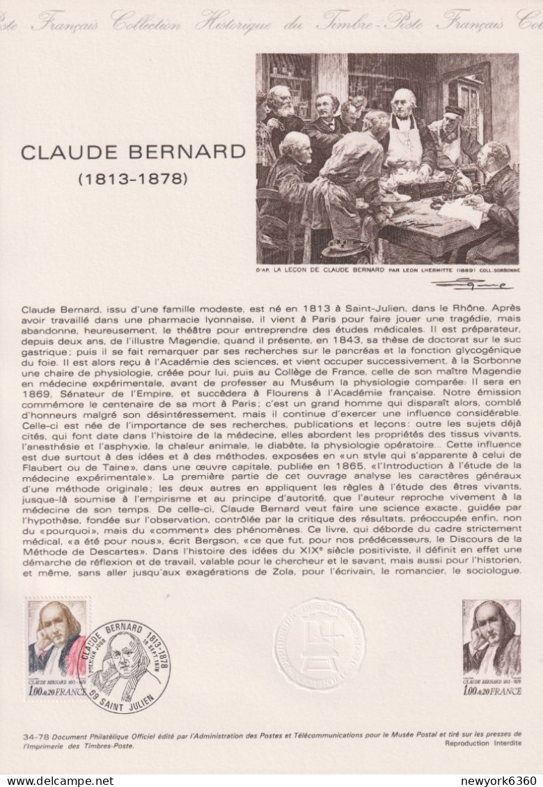 1978 FRANCE Document De La Poste Claude Bernard N° 1990A - Documents De La Poste