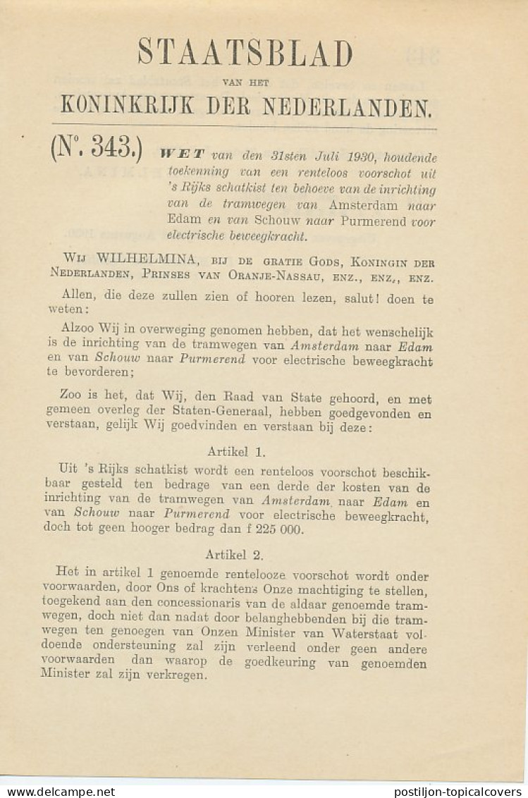 Staatsblad 1930 : Spoorlijn Amsterdam - Edam Enz. - Documents Historiques