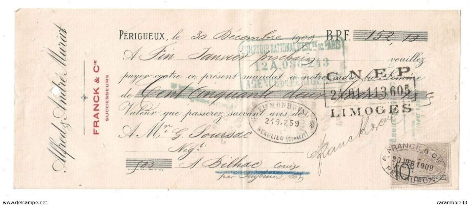 Lettre De Change   Alfred ,Andre Murat  PERIGUEUX 1909 Pour Sourzac  Bilhac Corrèze  (1761) - Lettres De Change