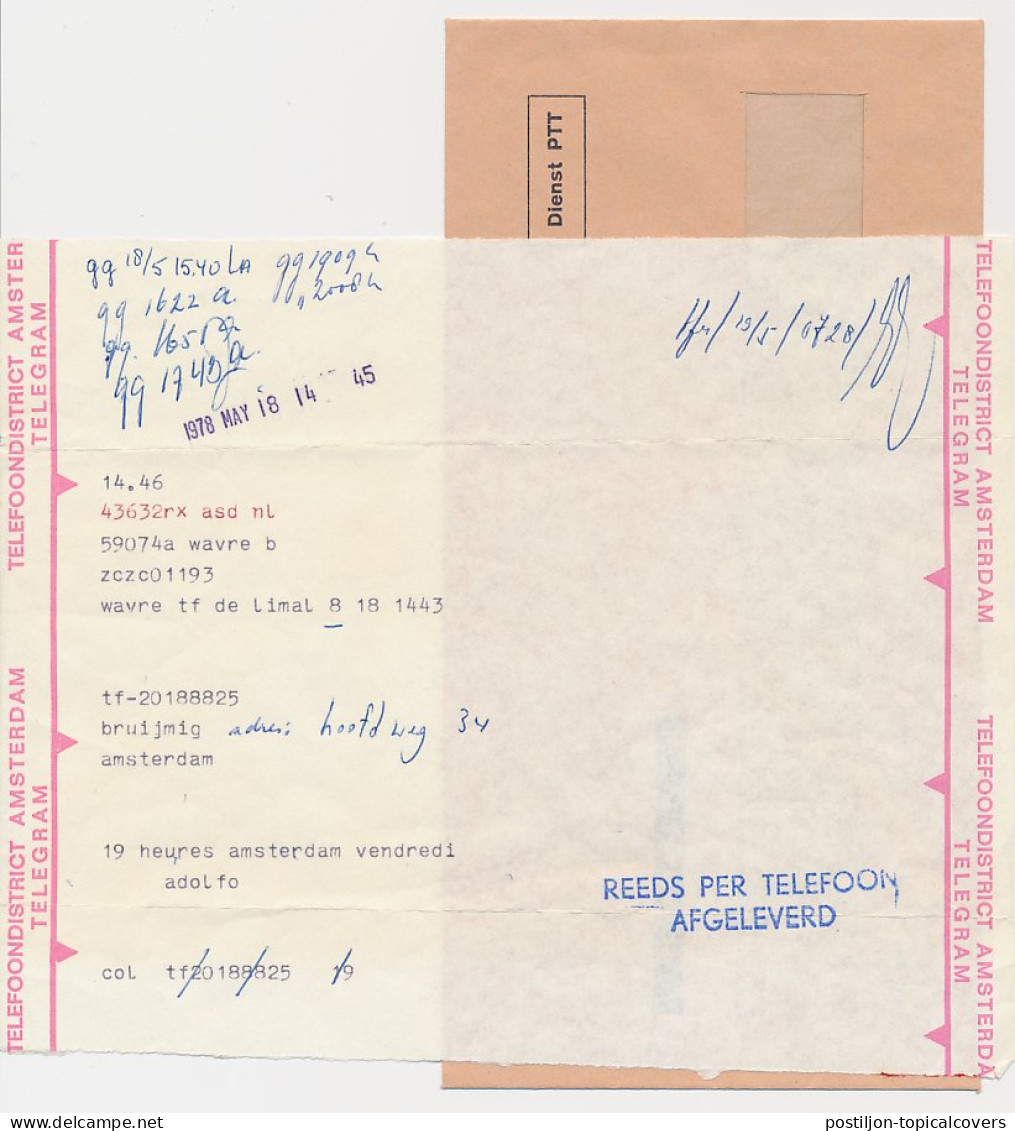 Telegramafschrift Wavre Belgie - Amsterdam 1978 - Per Telefoon - Sin Clasificación