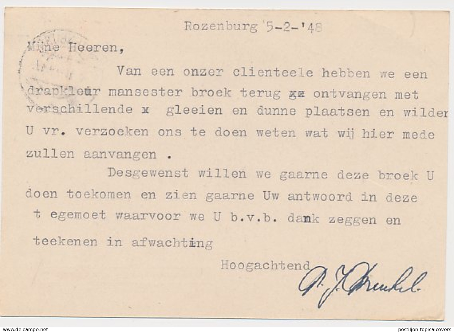 Firma Briefkaart Rozenburg 1948 - Manufacturen - Confectie - Unclassified