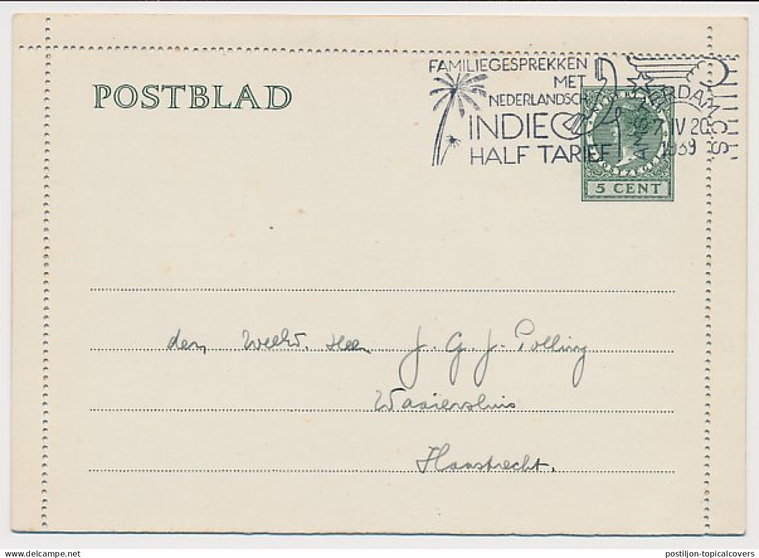 Postblad G. 19 A Amsterdam - Haastrecht 1939 - Ganzsachen