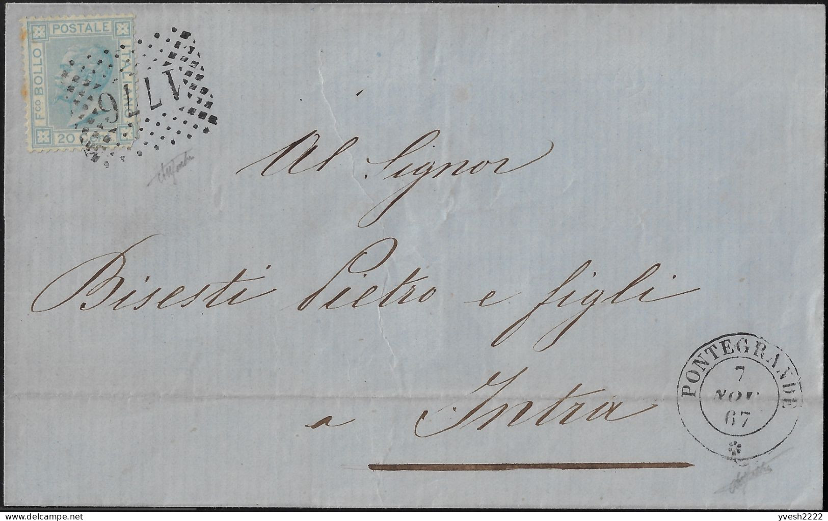 Italie 1867 Y&T 23. 20 C Victor-Emmanuel II, Lettre De Pontegrande (1776) à Intra, Province De Verbano-Cusio-Ossola - Marcophilia