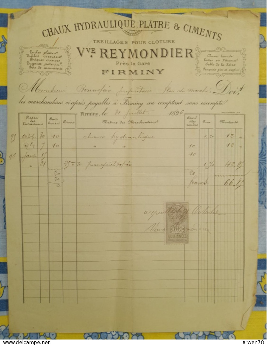 FACTURE CHAUX HYDRAULIQUE PLATRE & CIMENTS TREILLAGES POUR CLOTURE  VEUVE REYMONDIER FIRMINY 1896 - Ambachten