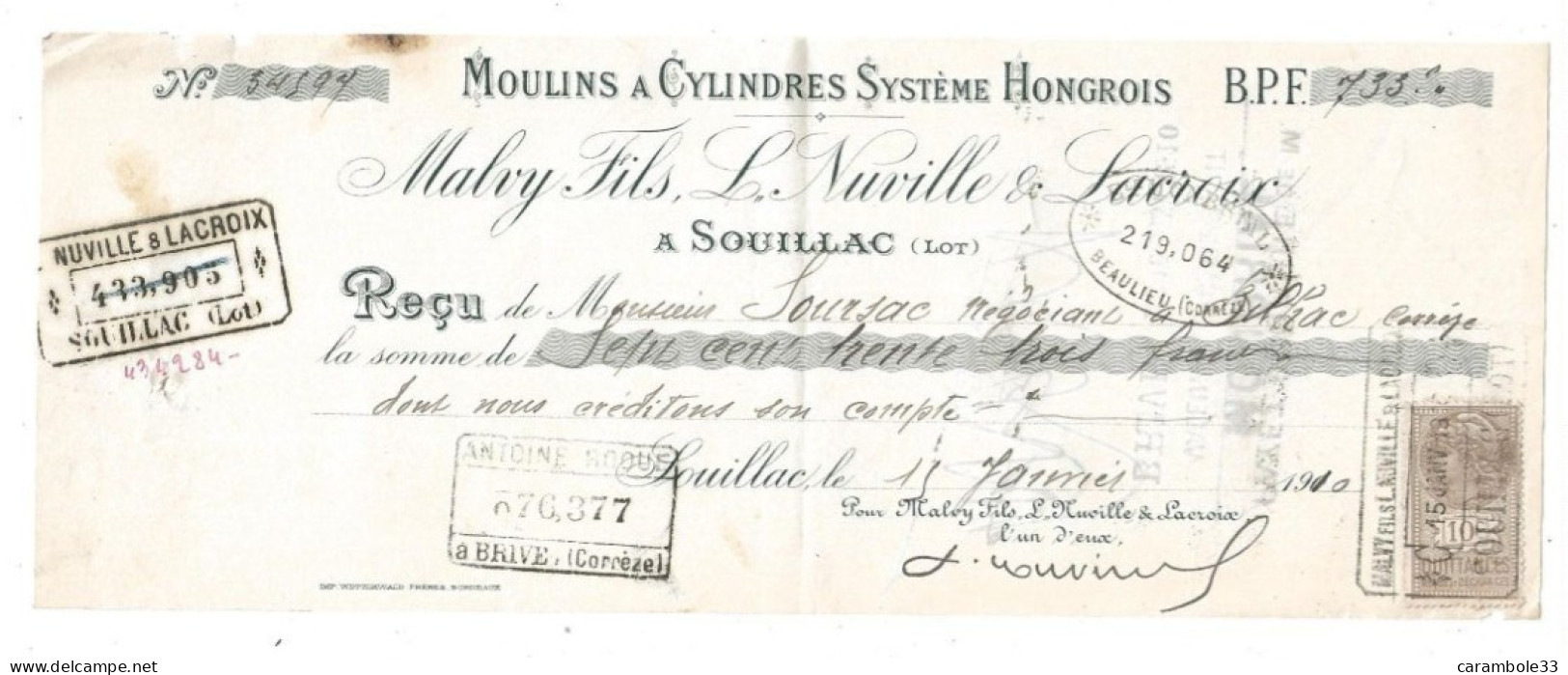 Lettre De Change MOULINS A CYLINDRES  SYSTEME HONGROIS  1910    (1765) - Lettres De Change