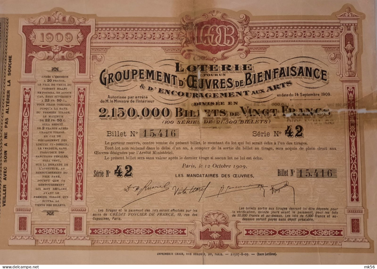 Loterie Pour Un Groupement D'oevres De Bienfaisance & D'encourage Aux Arts (1909) Paris - Autres & Non Classés