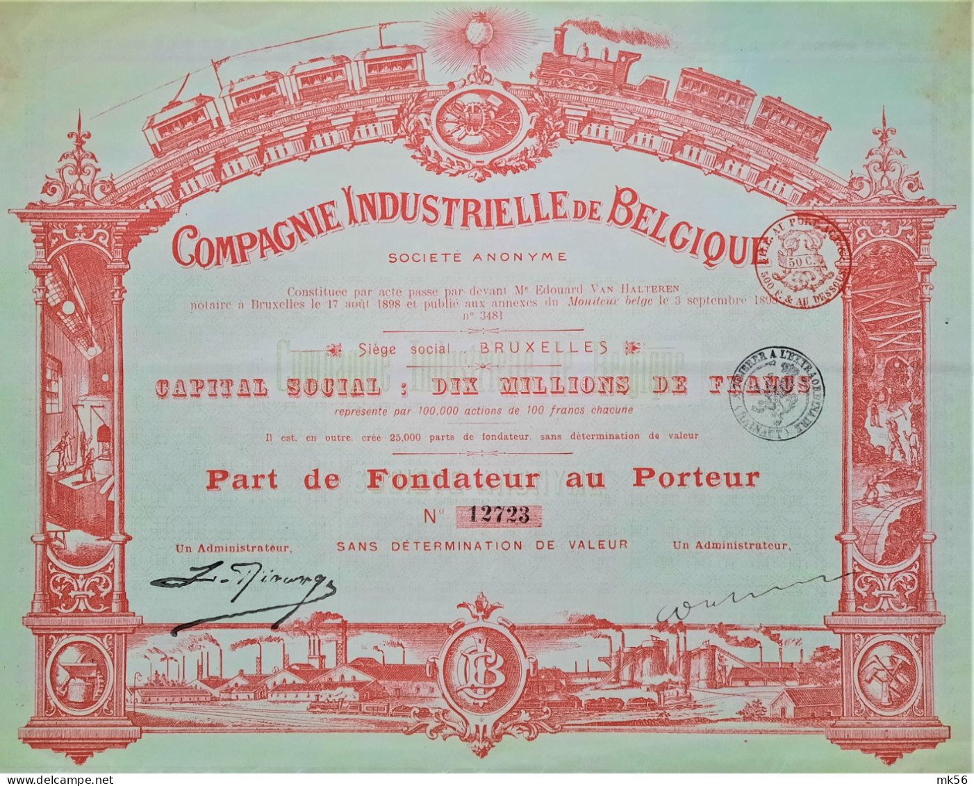 S.A.Compagnie Industrielle De Belgique - Part De Fondateur (1898) - Bruxelles - Railway & Tramway