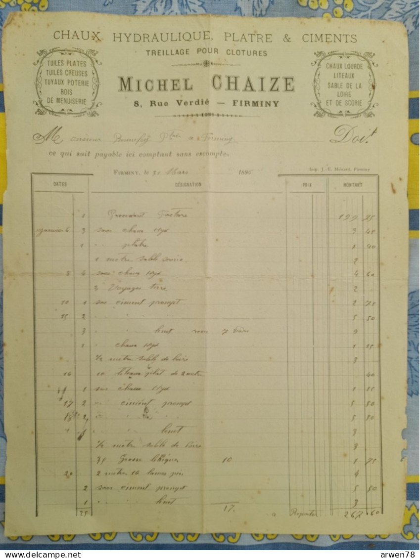 FACTURE CHAUX HYDRAULIQUE PLATRE & CIMENTS TREILLAGES POUR CLOTURE MICHEL CHAIZE  FIRMINY 1896 - Old Professions