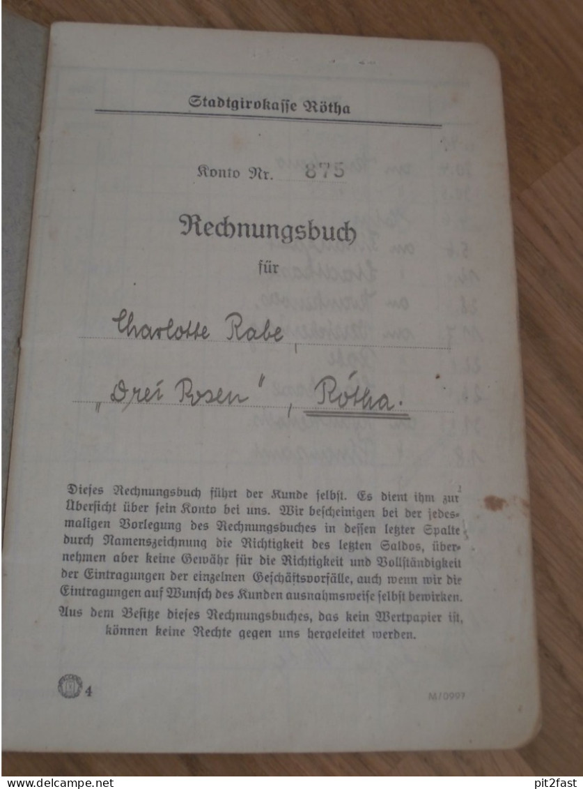 Altes Sparbuch / Rechnungsbuch Rötha , 1941 - 1950 , Charlotte Rabe " Drei Rosen " In Rötha , Sparkasse , Bank !! - Historische Dokumente