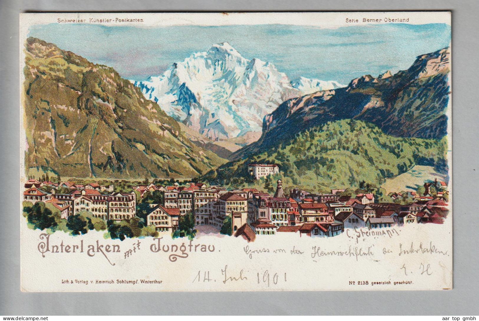 CH BE Interlaken Mit Jungfrau 1901-07-14 Litho C.Steinmann H.Schlumpf #2138 - Interlaken