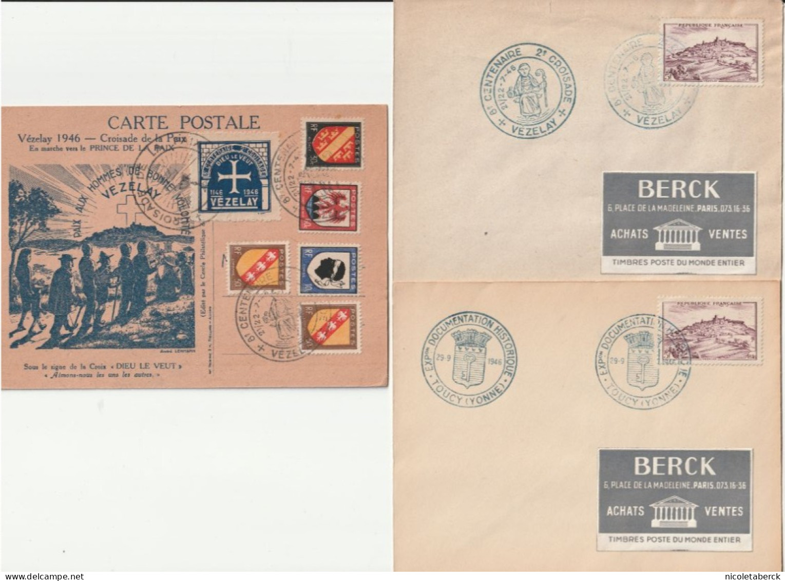 N° 759, Enveloppe 1er Jour 21/7/46 + Enveloppe Obl Toucy 29/9/46 Rare + Carte Obl: 1er Jour Avec Blasons Et Vignette. - Brieven En Documenten