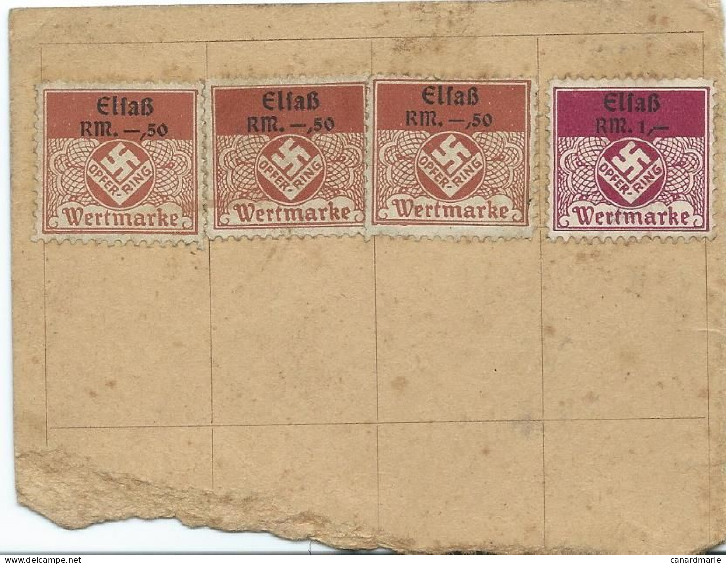 FRAGMENT AVEC 4 TIMBRES ELSASS WERTMARKE OPFER-RING - Lettres & Documents