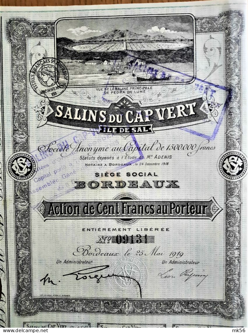 Salins Du Cap Vert -  Île De Sal - Action De 100 Francs - Bordeaux - 1919 - Autres & Non Classés