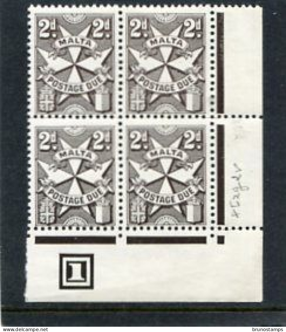 MALTA - 1970  POSTAGE DUE  2d  GLAZED PAPER  BLOCK OF 4  MINT NH - Malte