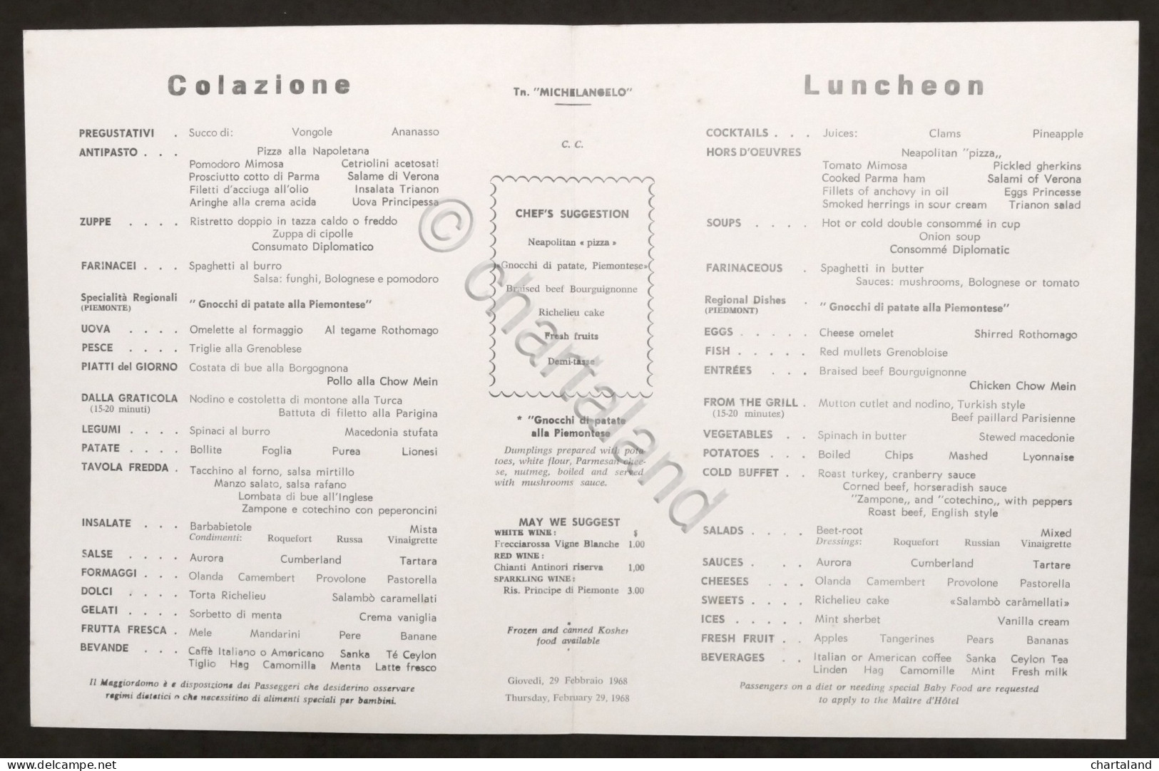 Menù Crociera - Transatlantico Michelangelo - Colazione 29 Febbraio 1968 - Menükarten