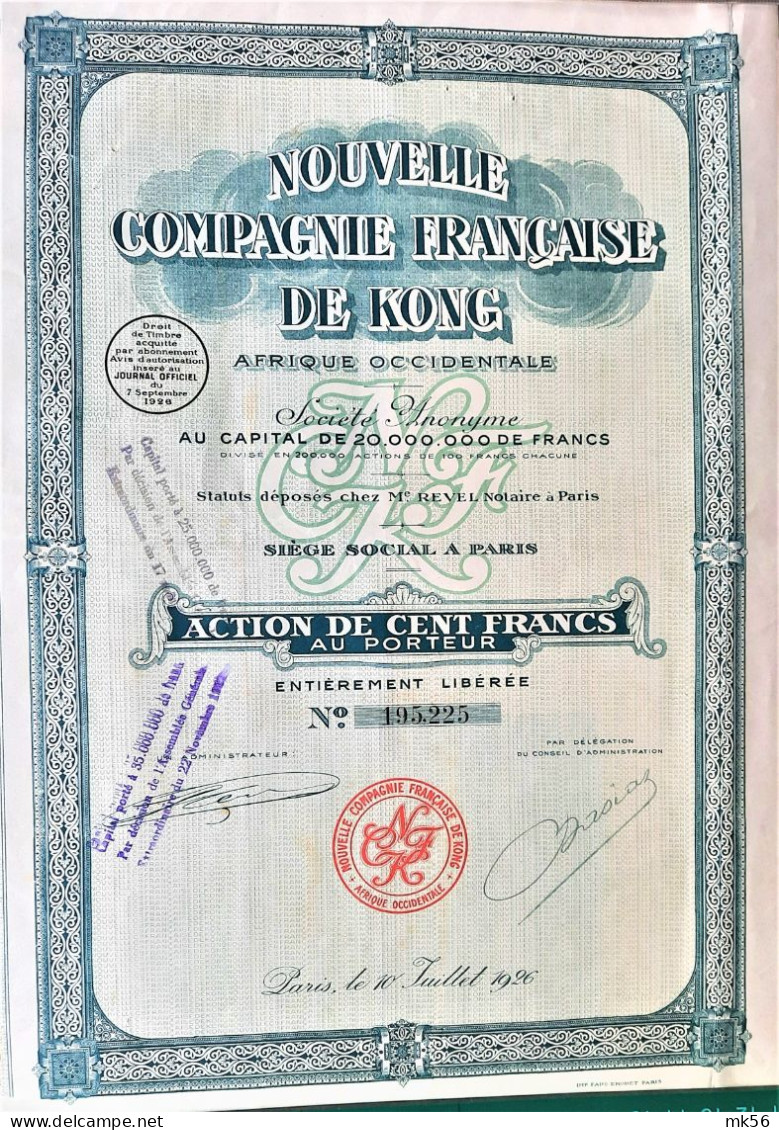 Nouvelle Compagnie Française De Kong - 1926 -Paris - Action De 100 Francs - Afrique