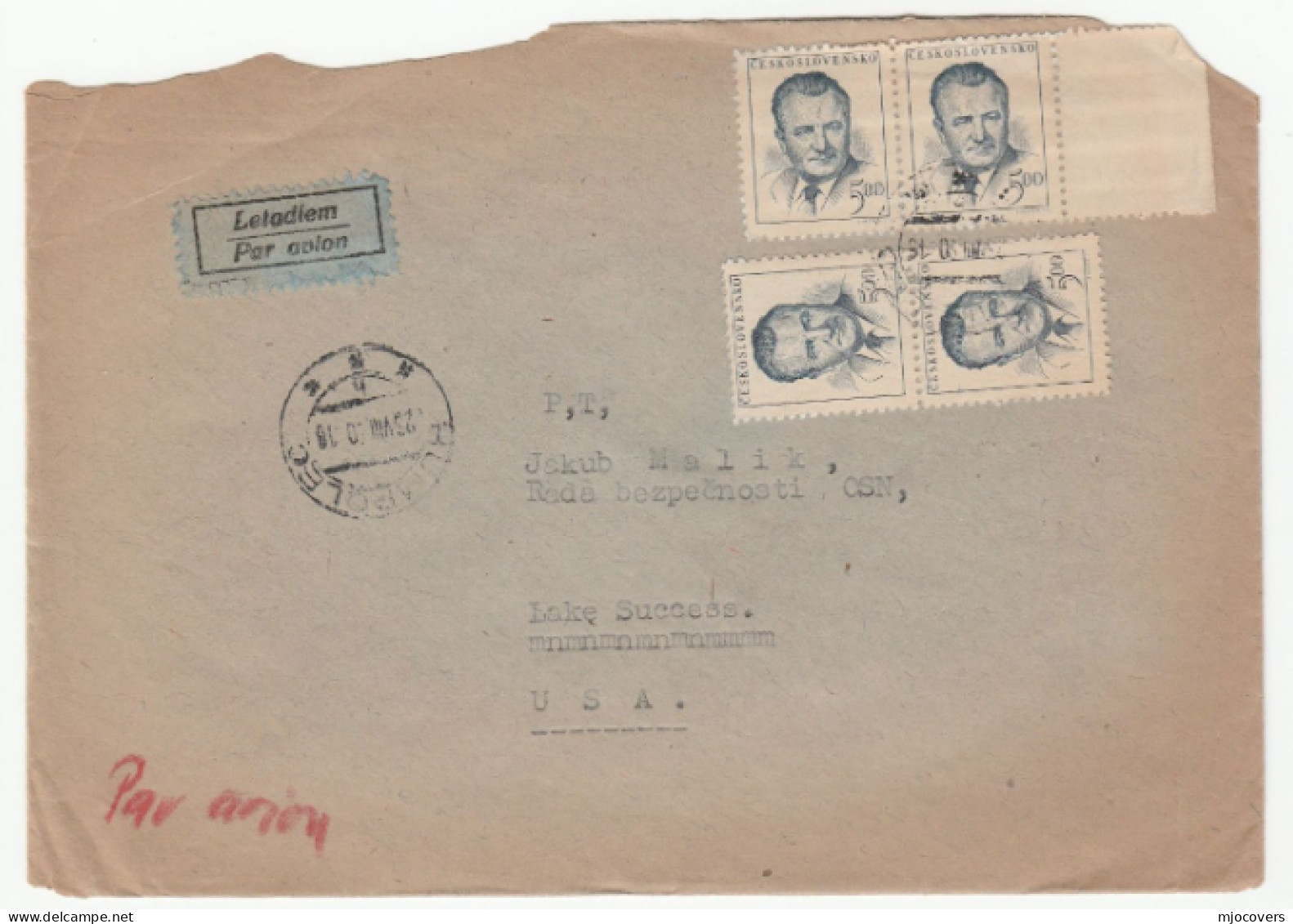 1950 CZECH To RUSSIAN AMBASSADOR MALIK AT UNITED NATIONS USA Un Cover Stamps Czechoslovakia  Russia - ONU