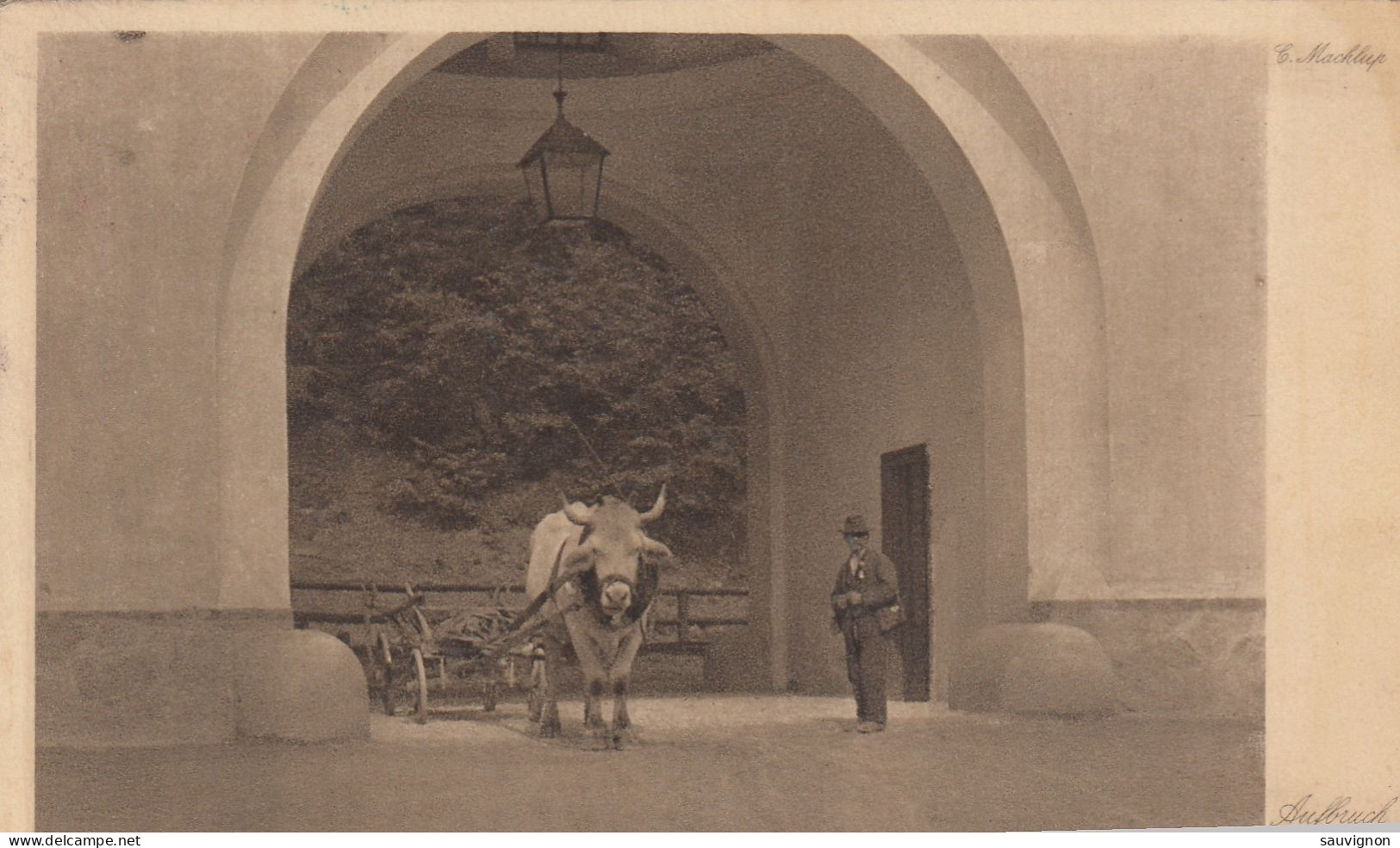 Feldpost WWI. Grüner Stempel Militärhospital Der Gemeinde Reichenau, NÖ, Militärpflege Auf AK Aufbruch Zur Arbeit, 1918 - Raxgebiet