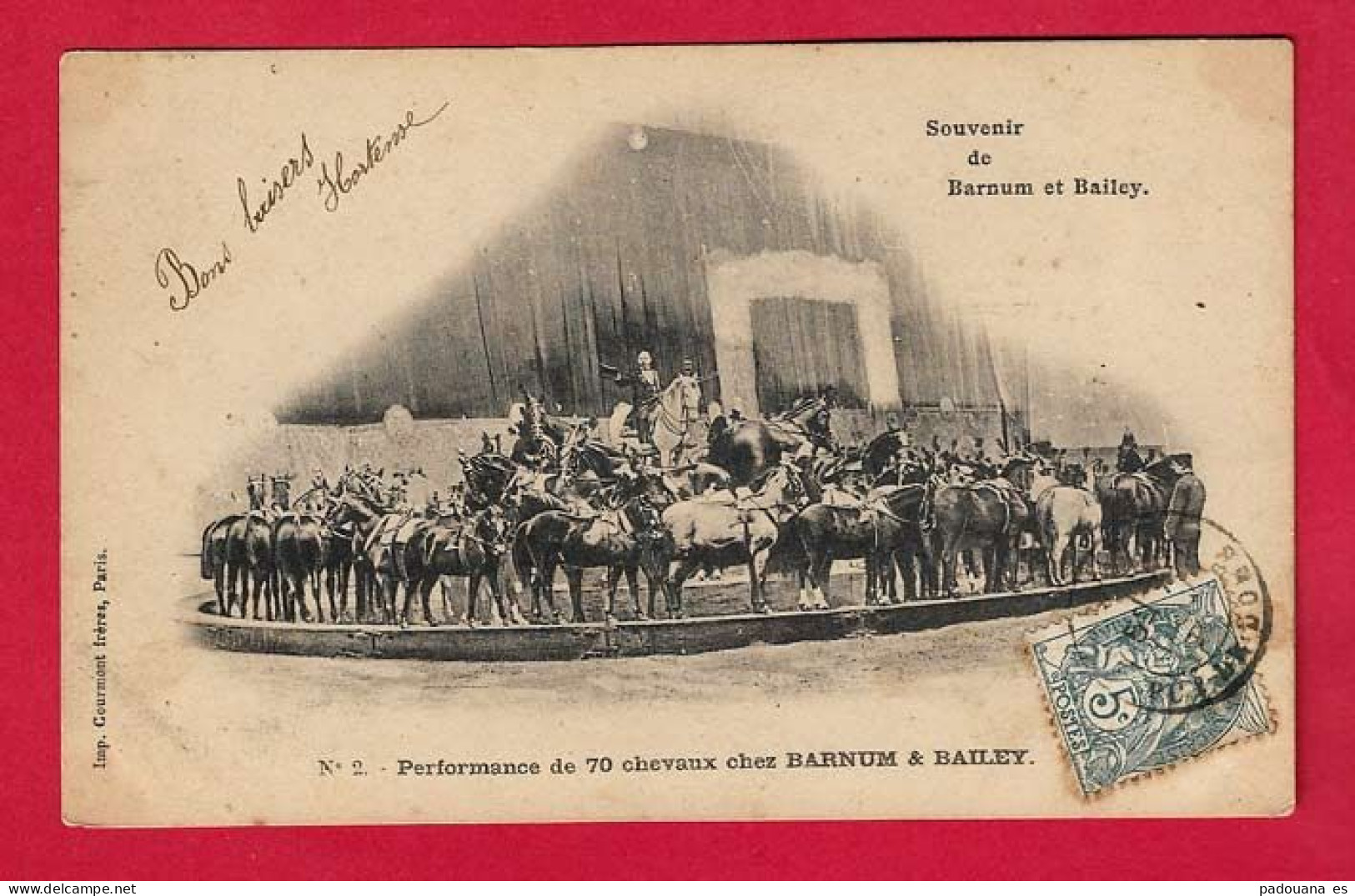 AD659 SOUVENIR  DE BARNUM ET BAILEY PERFORMANCE DE 70 CHEVAUX  ANIMAUX CARTE PIONNIERE - Circus