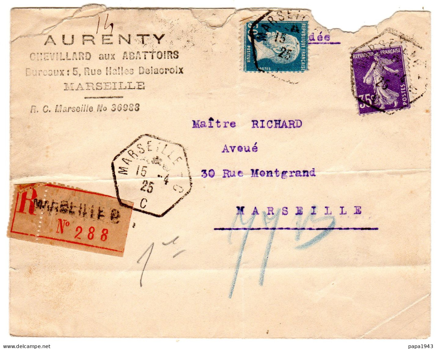 1925  Recommandé CAD Hexagonal De MARSEILLE T P Pasteur 30c + Semeuse 35c  " AURENTY Chevillard Aux Abattoirs " - Briefe U. Dokumente