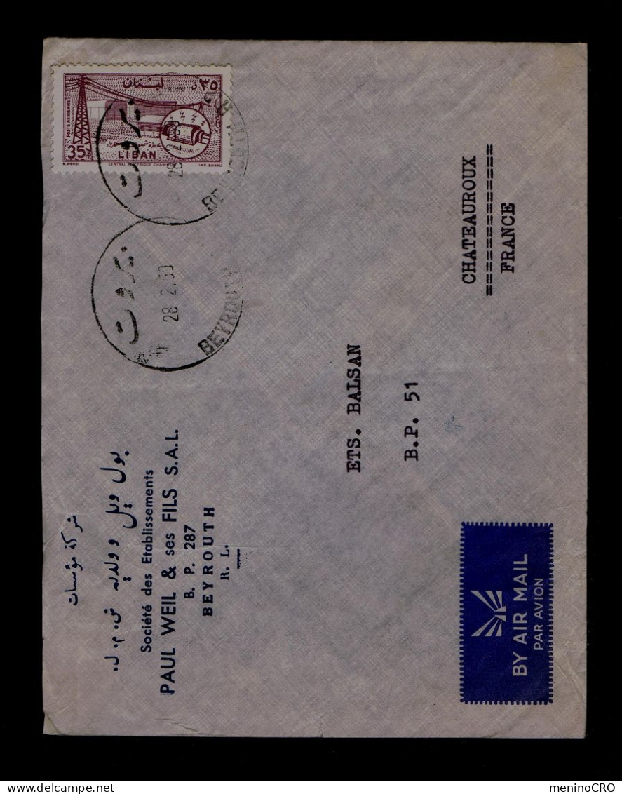 Gc8630 LIBAN "Chamoun Electric Central" Mailed 1959 ! Beyrouth »Chateauroux RF - Electricité