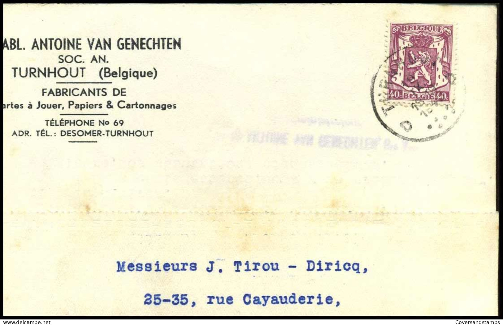 479 Op Postkaart Van Turnhout Naar Charleroi- 19/09/1940 - 'Etabl. Antoine Van Genechten, Turnhout' - 1935-1949 Kleines Staatssiegel
