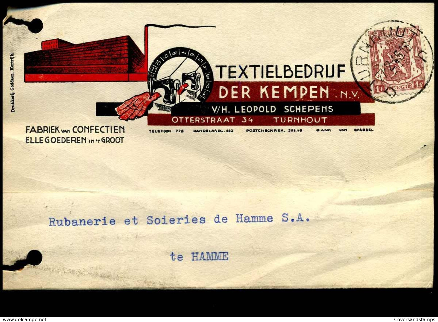 715 Op Postkaart Van Turnhout Naar Hamme - 27/02/1946 - 'Textielbedrijf Der Kempen N.V., Turnhout' - 1935-1949 Klein Staatswapen