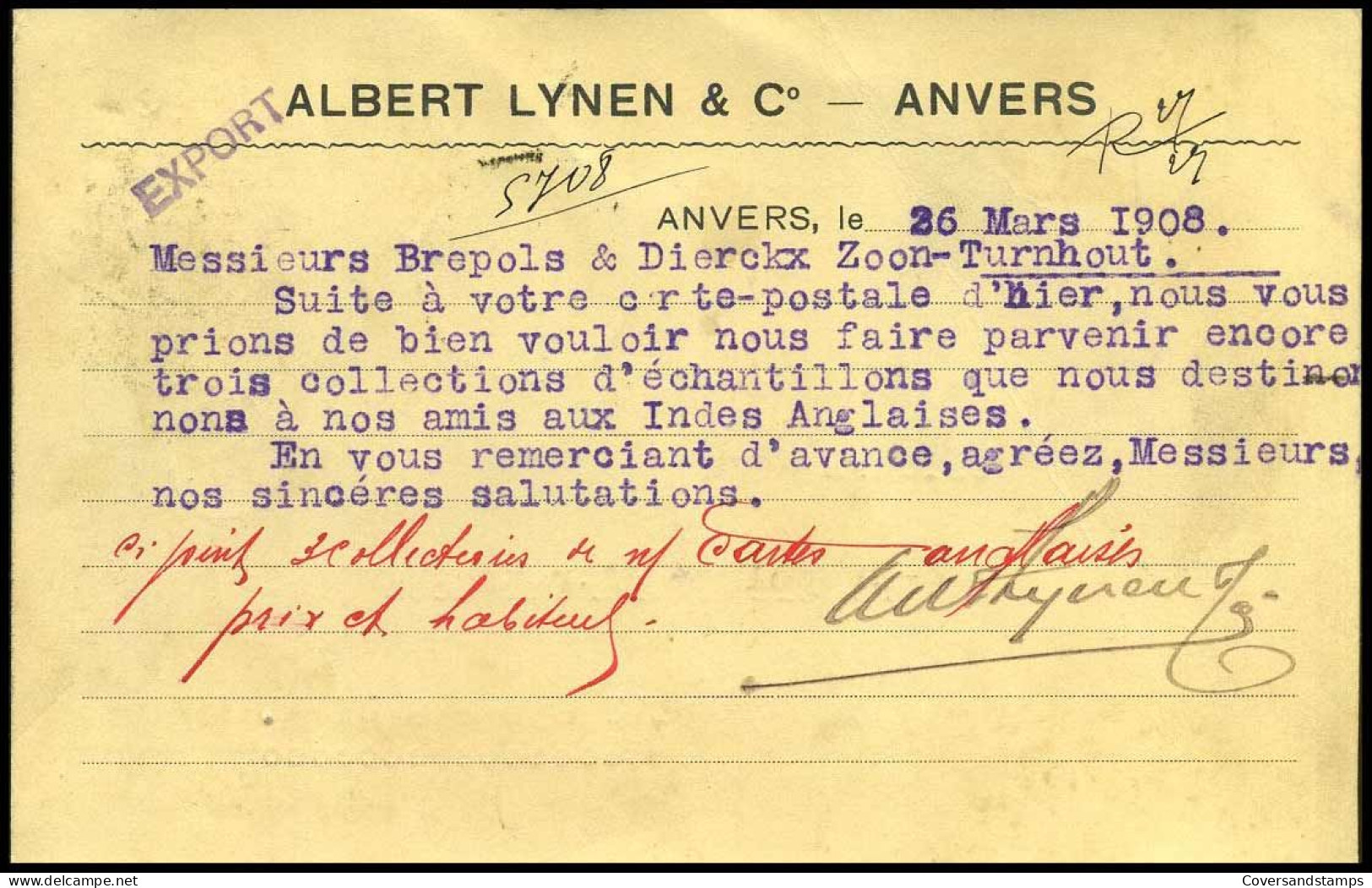 68 Op Carte Postale Van Anvers Naar Turnhout Op 27/03/1902 - 'Albert Lynen & Co, Anvers' - 1893-1907 Wapenschild