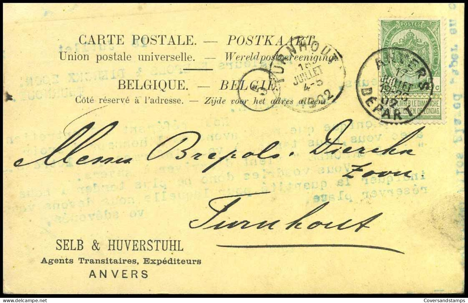 68 Op Carte Postale Van Anvers Naar Turnhout Op 18/07/1902 - 'Selb & Huverstuhl, Agents Transitaires, Anvers' - 1893-1907 Coat Of Arms