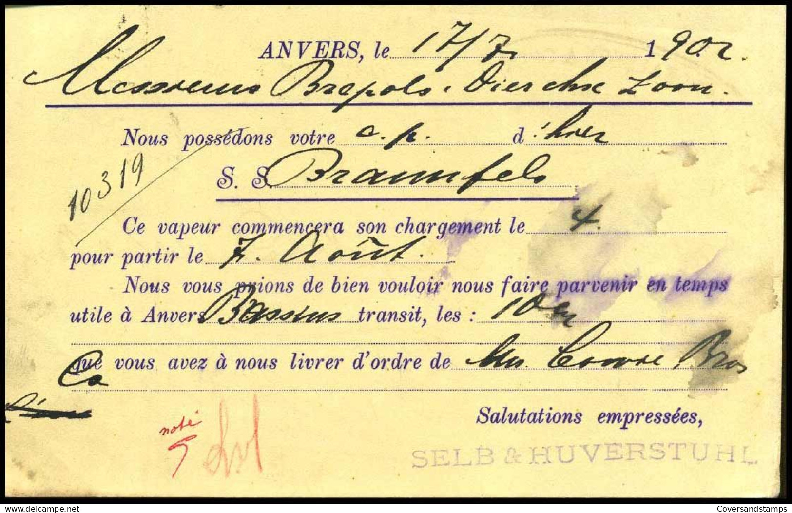 68 Op Carte Postale Van Anvers Naar Turnhout Op 18/07/1902 - 'Selb & Huverstuhl, Agents Transitaires, Anvers' - 1893-1907 Coat Of Arms