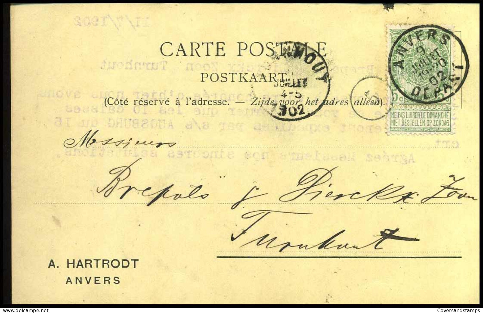 68 Op Carte Postale Van Anvers Naar Turnhout Op 10/07/1902 - 'A. Hartrodt, Anvers' - 1893-1907 Coat Of Arms