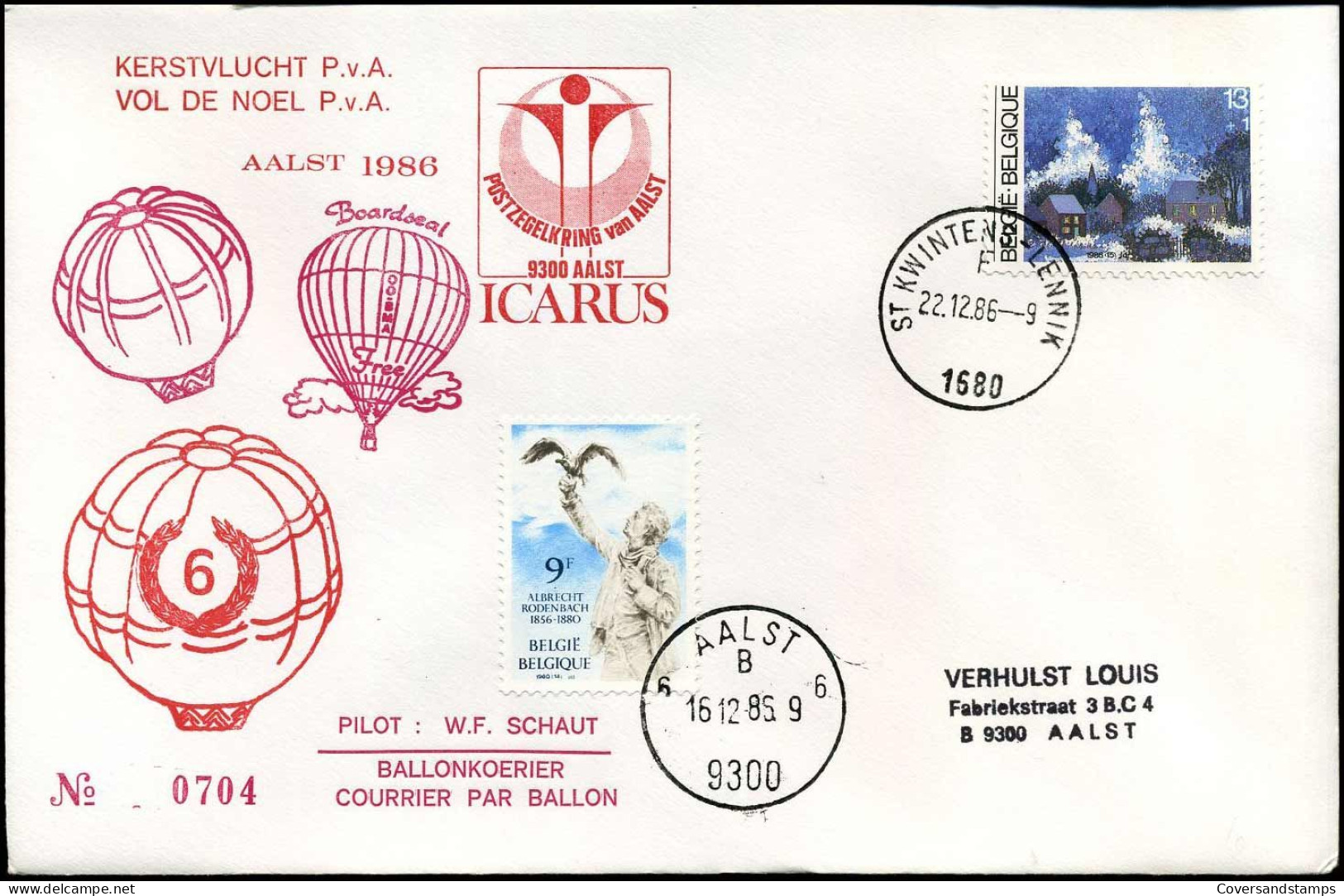 Kerstvlucht P.v.A. - Ballonkoerier, Pilot : W.F. Schaut - Postzegelkring Van Aalst : ICARUS - Andere & Zonder Classificatie