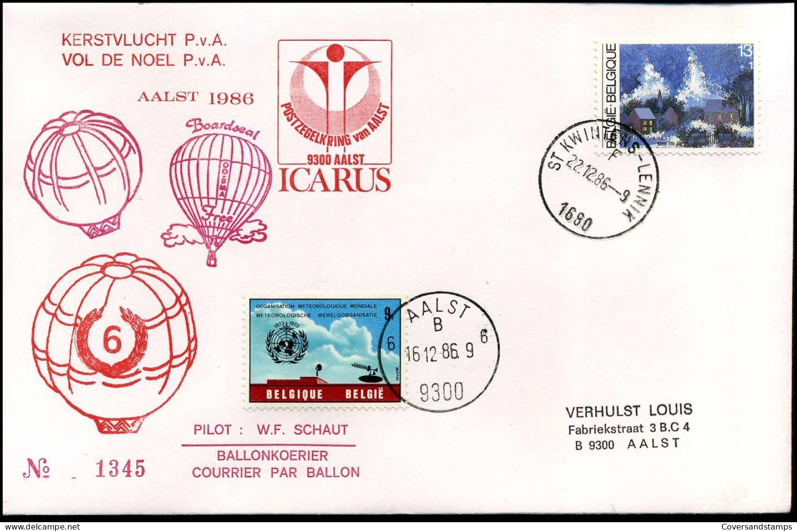 Vol De Noel P.v.A. - Courrier Par Ballon, Pilot : W.F. Schaut - Postzegelkring Van Aalst : ICARUS - Other & Unclassified