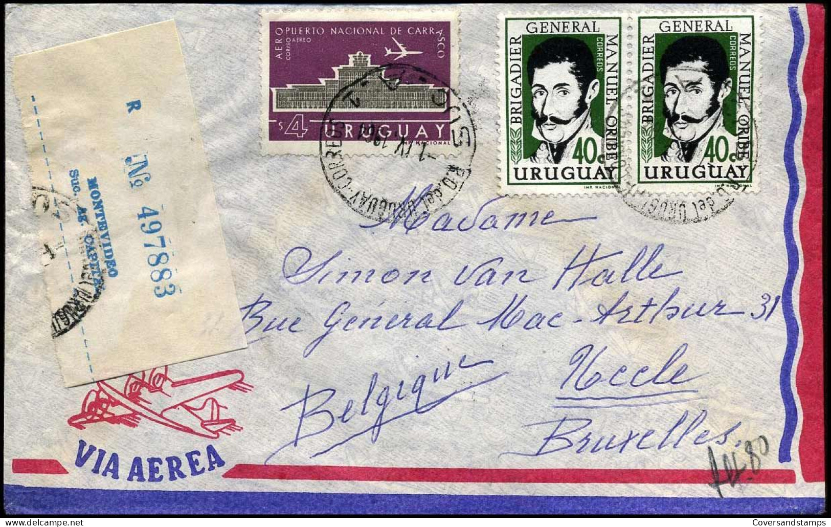 Registered Cover To Brussels, Belgium - Uruguay