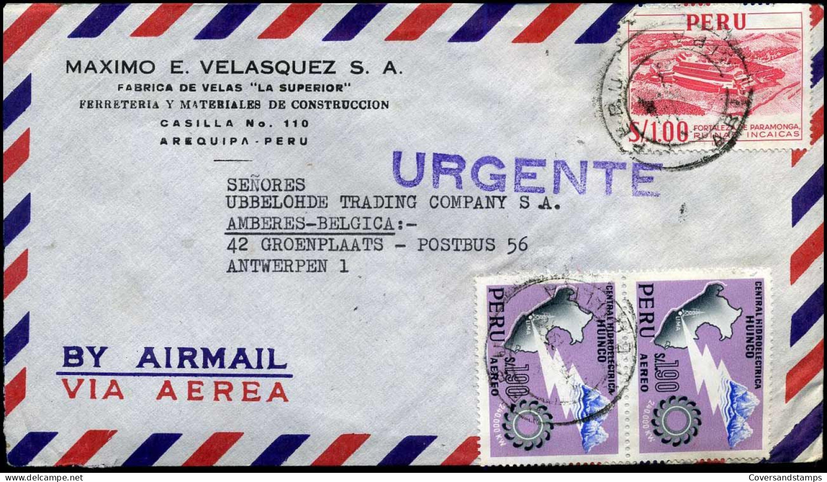 Cover To Antwerp, Belgium - 'URGENTE' - 'Maximo E. Velasquez S.A. Arequipa, Peru' - Perú