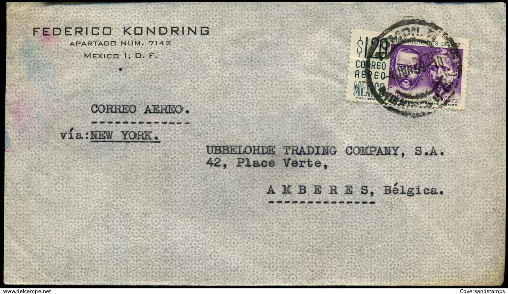 Airmail Cover To Antwerp, Belgium - "Federico Kondring, Mexico" - Mexique