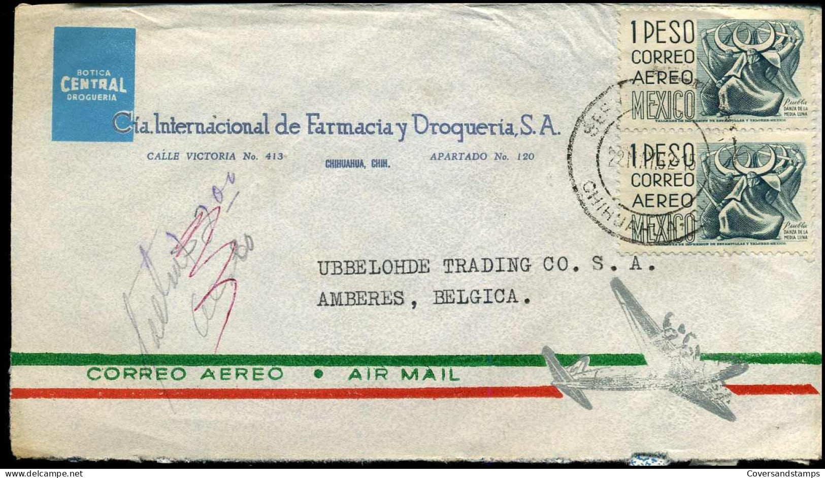 Cover To Antwerp, Belgium - "Cia. Internacional De Farmacia Y Drogueria S.A., Chihuahua" - Mexico
