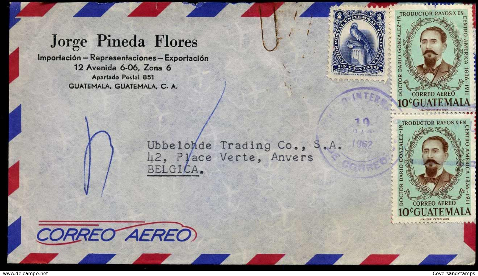 Airmail Cover To Antwerp, Belgium - "Jorge Pineda Flores, Importacion-Representaciones-Exportacion, Guatemala" - Guatemala