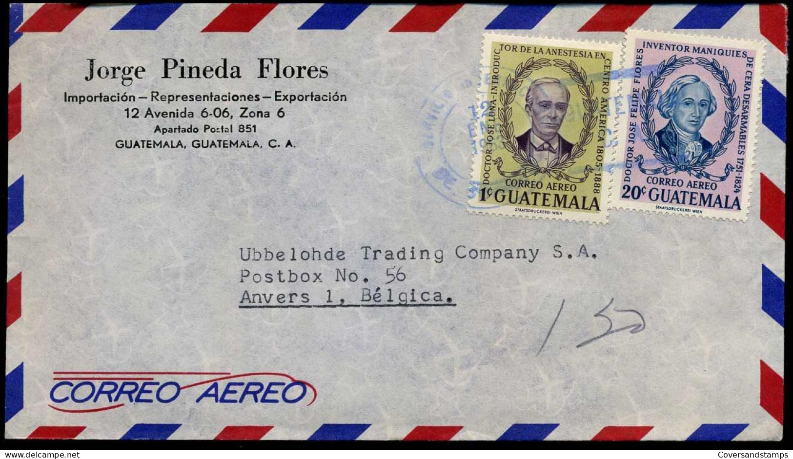 Airmail Cover To Antwerp, Belgium - "Jorge Pineda Flores, Importacion-Representaciones-Exportacion, Guatemala" - Guatemala