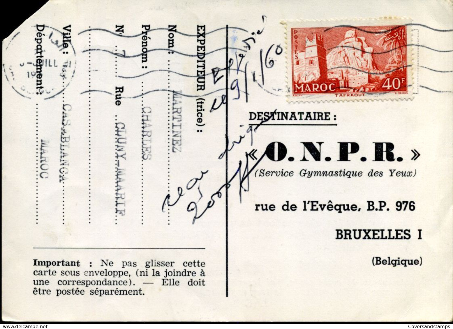 Post Card To Brussels, Belgium - Morocco (1956-...)