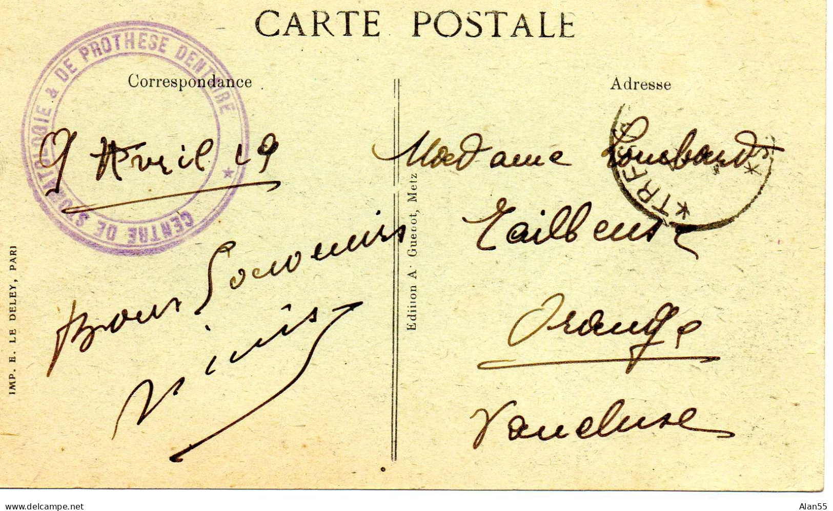 FRANCE. 1919.CP.FM. AU FRONT. "CENTRE DE STOMATOLOGIE ET DE PROTHESE DENTAIRE".T. ET P.? - Guerre De 1914-18